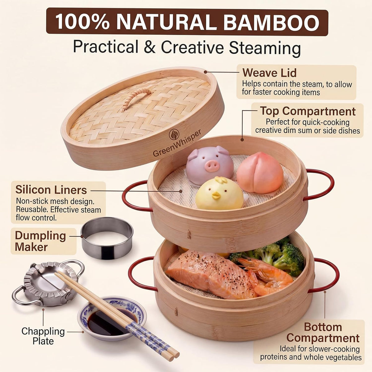 10 Inch Bamboo Steamer Set, 2 Tier Dumpling Steamer Basket – For Cooking Bao Buns, Dim Sum, Soup Dumpling (10 inch)