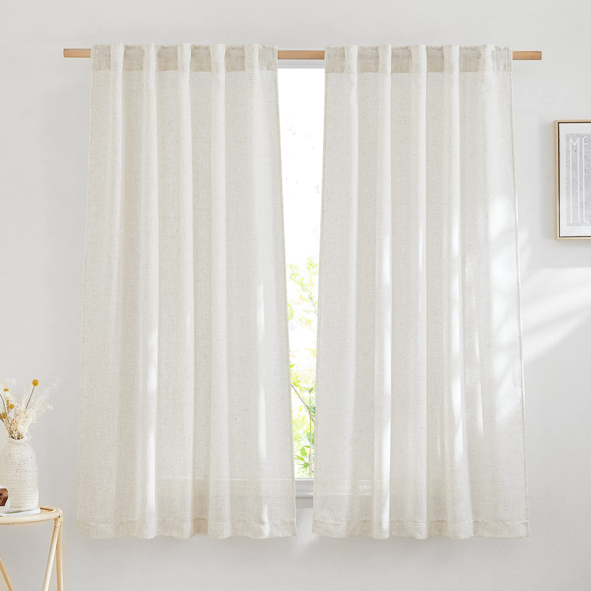 NICETOWN Natural Linen Kitchen Curtains 26 inches Long, Rod Pocket & Back Tab Semi Sheer Flax Window Treatments Rustic & Cute for Cafe/Kids Room, W37 x L26, 2 Panels