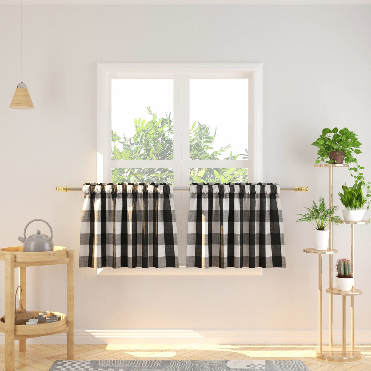 Buffalo Check Kitchen Tier Curtain 24 inches Long Plaid Gingham Rod Pocket Classic Cafe Curtains Country Farmhouse Kitchen Half Window Curtains 2 Panels Beige & White