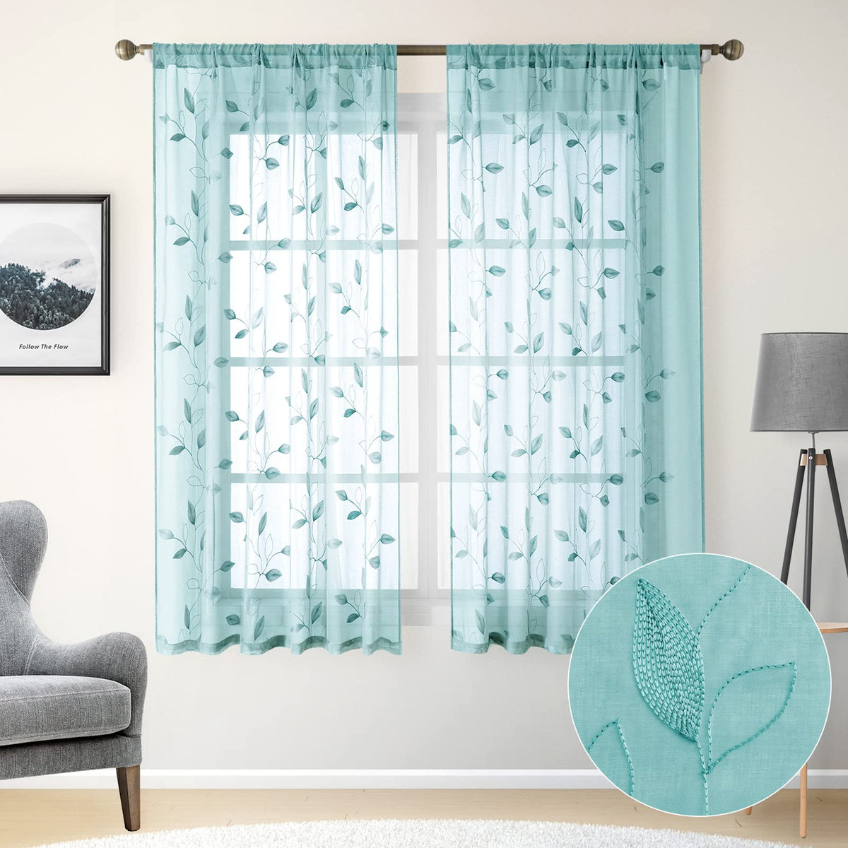HOMEIDEAS Sage Green Kitchen Tier Curtains Leaf Embroidered, 30x36, 2 Panel