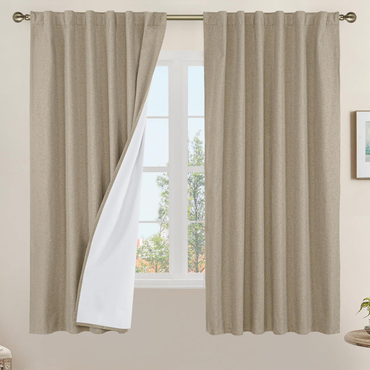 LAMIT Full Blackout Linen Kitchen Window Curtains 36 Inches Long, Ivory