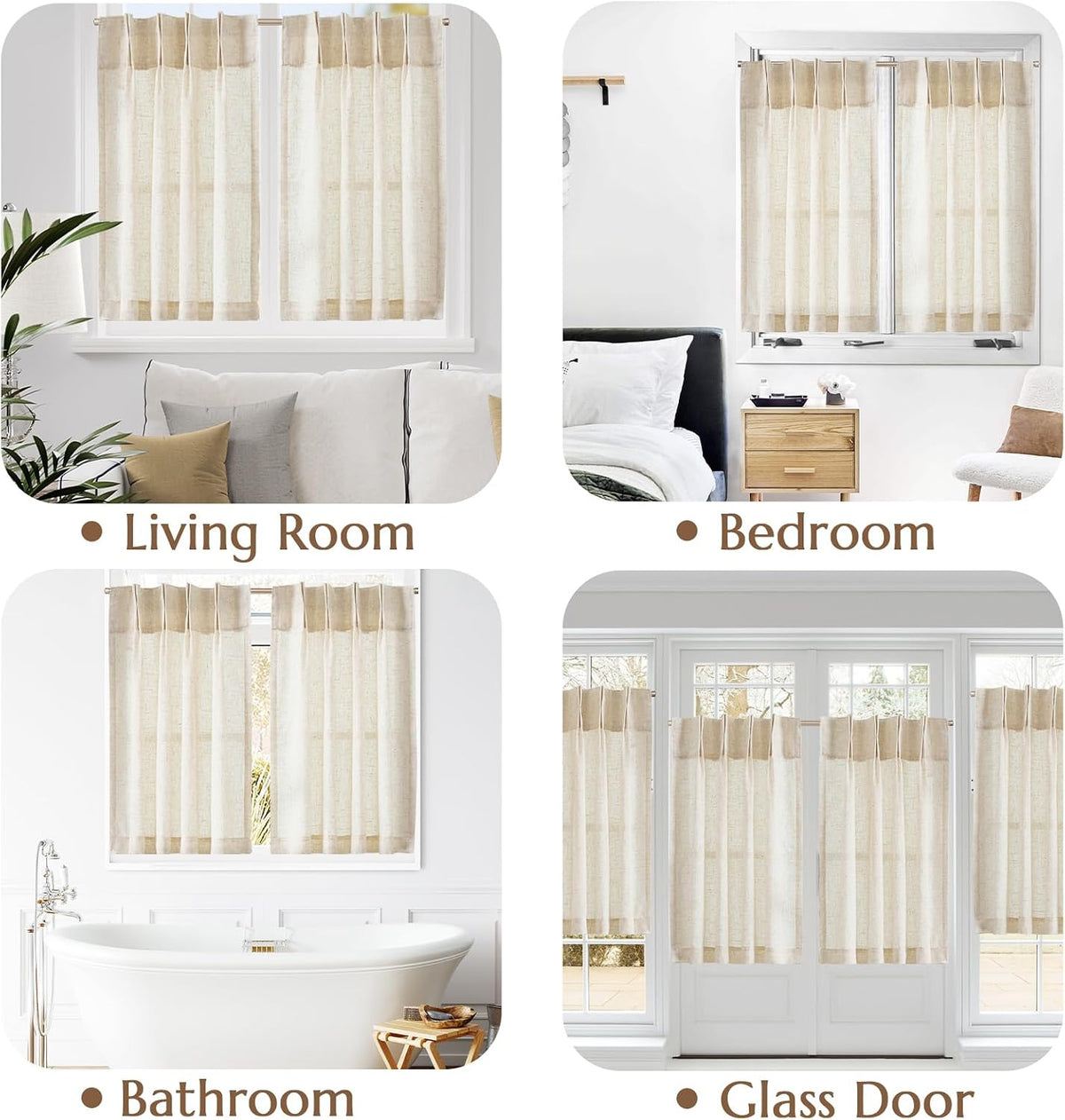 jinchan Linen Pinch Pleated Back Tab Tier Curtains, 26x24, Natural