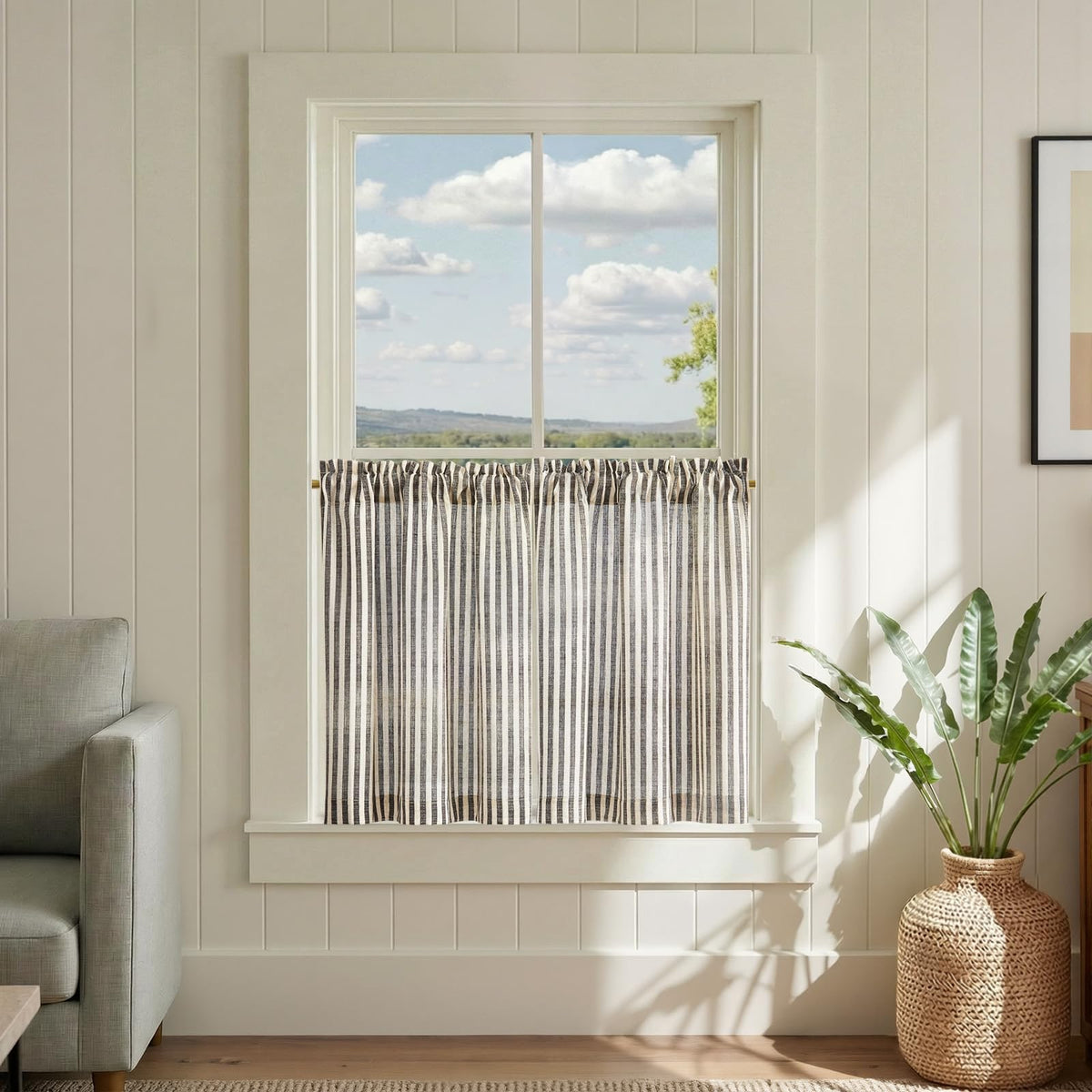 jinchan Striped Linen Kitchen Tier Curtains, 30 Inch, Sage Green, 2 Panels