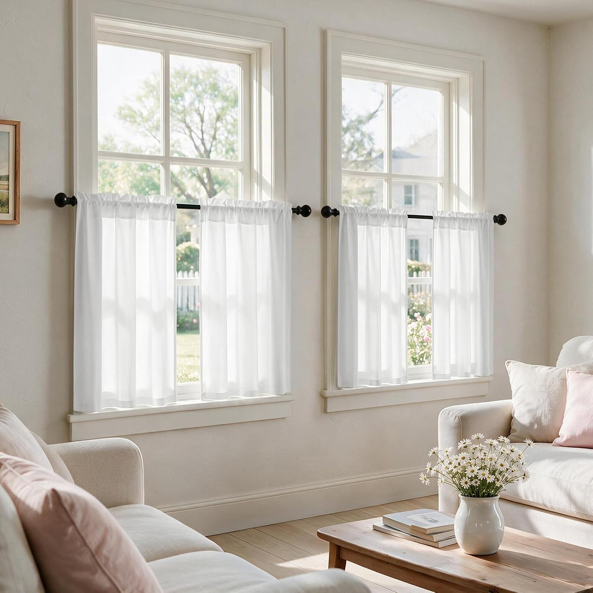 HOMEIDEAS Non-See-Through White Sheer Kitchen Curtains, 30 X 36 Inches Long