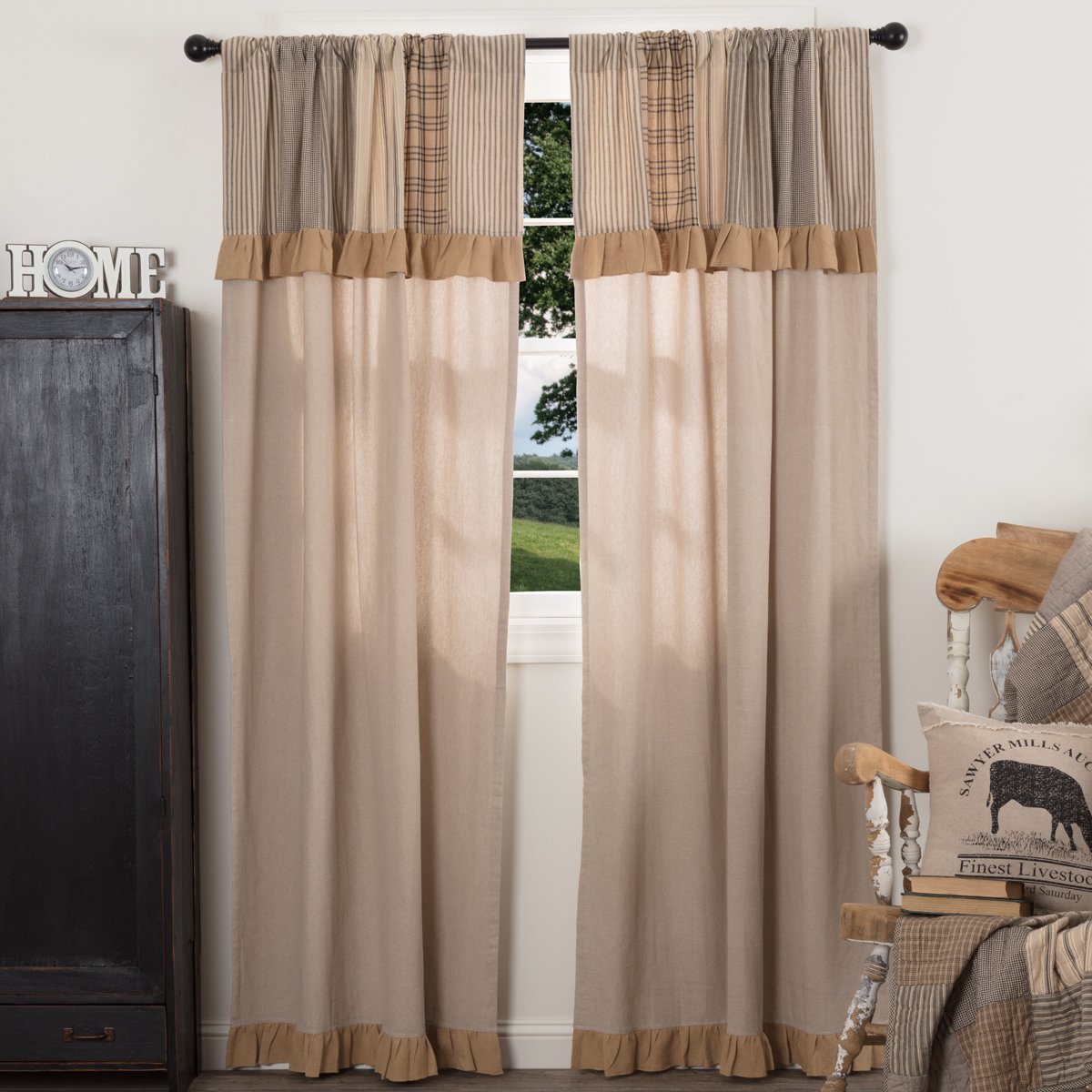 VHC Brands Sawyer Mill Curtain, Panel 63x36, Charcoal Khaki Tan