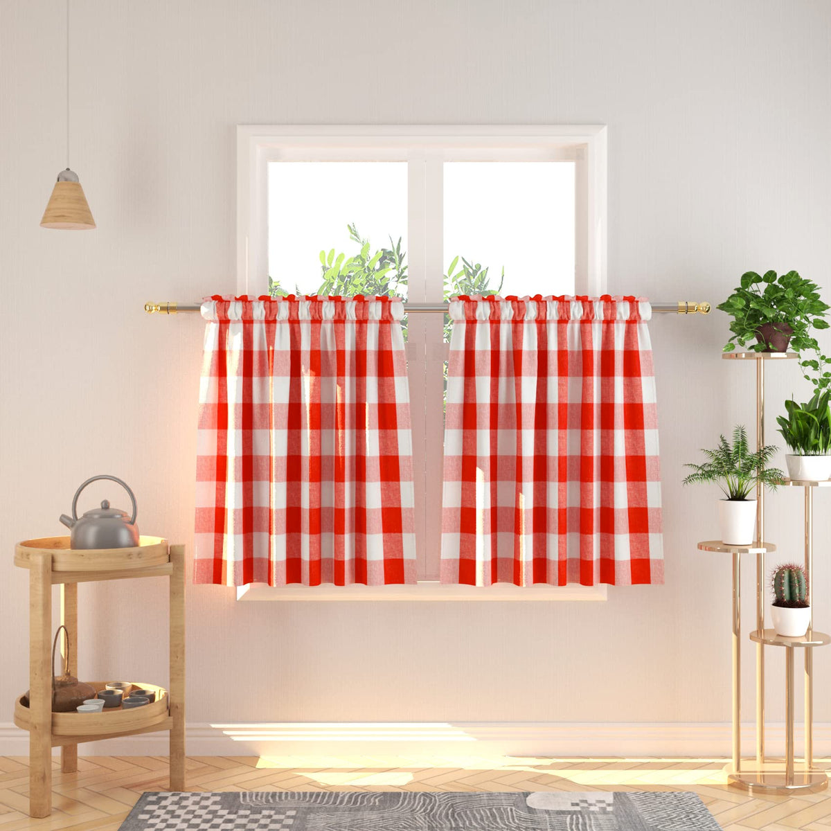 Buffalo Check Kitchen Tier Curtain 24 inches Long Plaid Gingham Rod Pocket Classic Cafe Curtains Country Farmhouse Kitchen Half Window Curtains 2 Panels Beige & White
