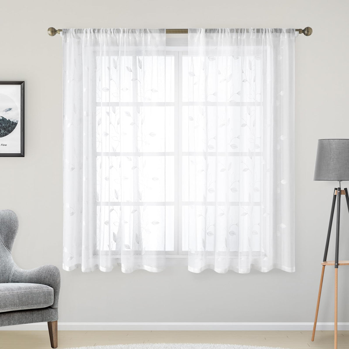 HOMEIDEAS Sage Green Kitchen Tier Curtains Leaf Embroidered, 30x36, 2 Panel