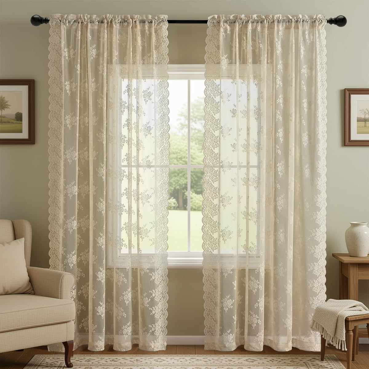 Kotile Short Beige Lace Curtains for Kitchen Windows W42xL45 Inch, 2 Panels