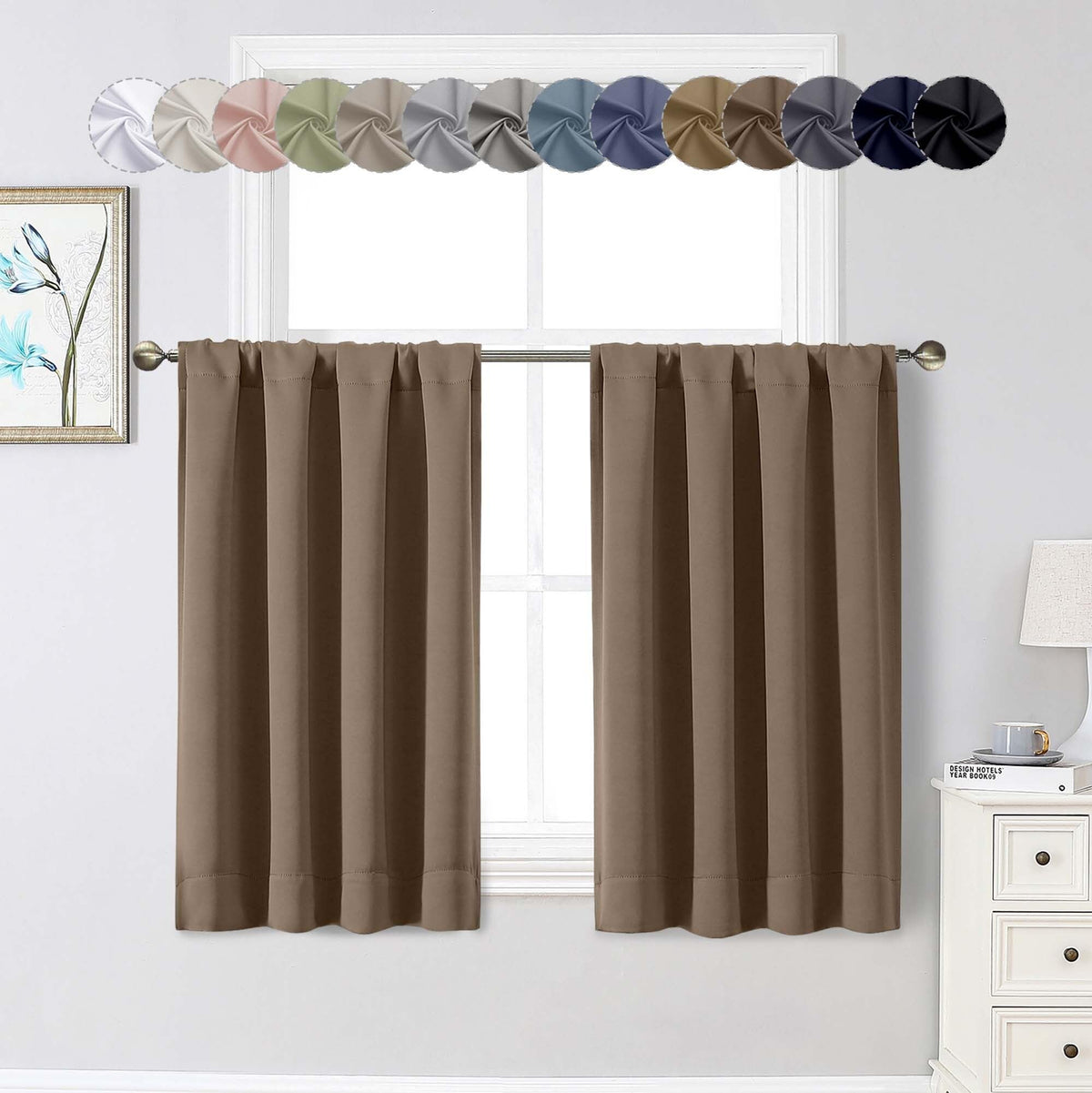 Black Cafe Blackout Curtains 36 Inch Length 2 Panels Set, Soft Solid Thermal Insulated Room Darkening Small Window Curtains for Kitchen Bathroom Basement, Black, Each, 40" Wx36 L