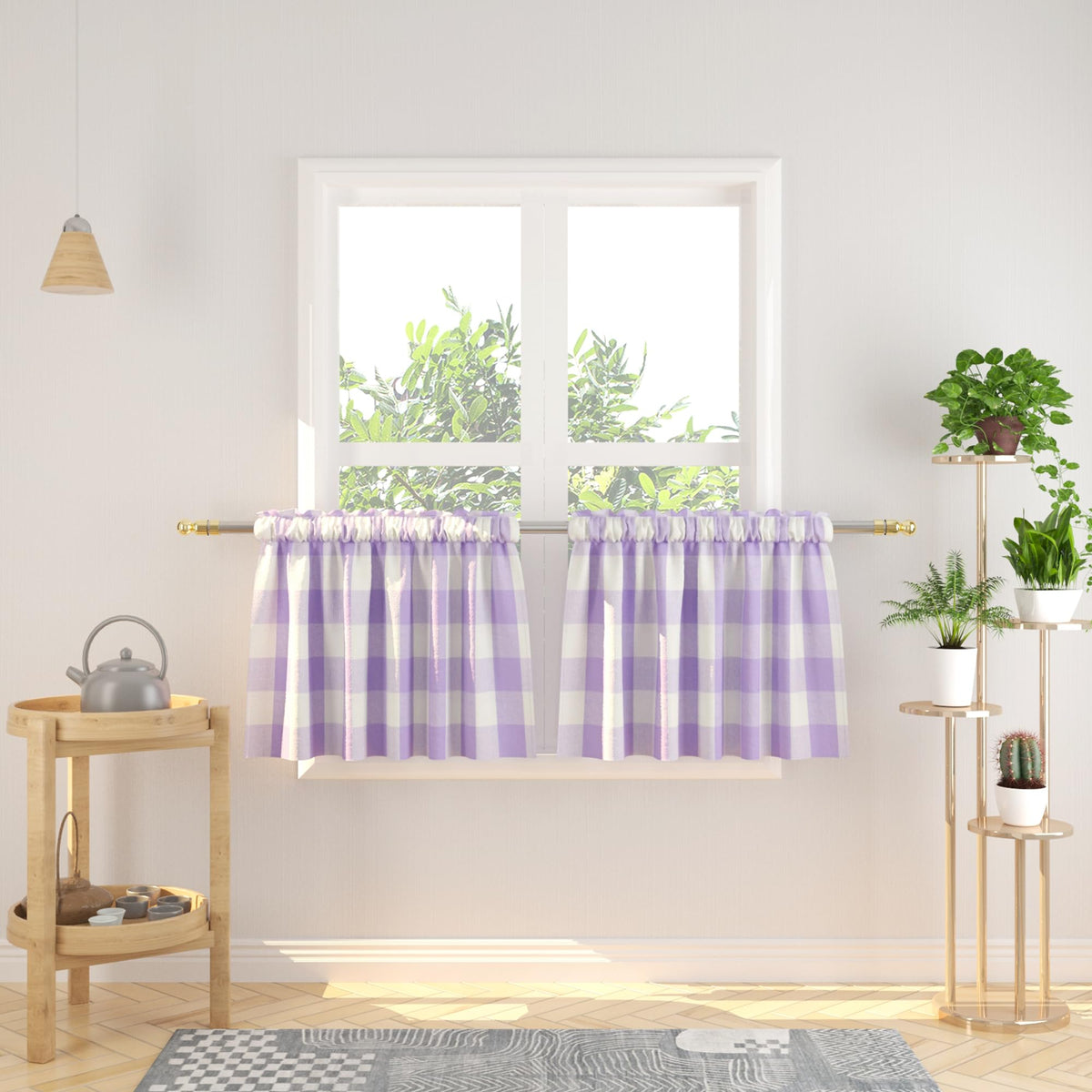 Buffalo Check Kitchen Tier Curtain 24 inches Long Plaid Gingham Rod Pocket Classic Cafe Curtains Country Farmhouse Kitchen Half Window Curtains 2 Panels Beige & White
