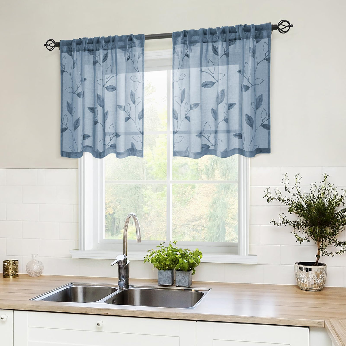 HOMEIDEAS Sage Green Kitchen Tier Curtains Leaf Embroidered, 30x36, 2 Panel