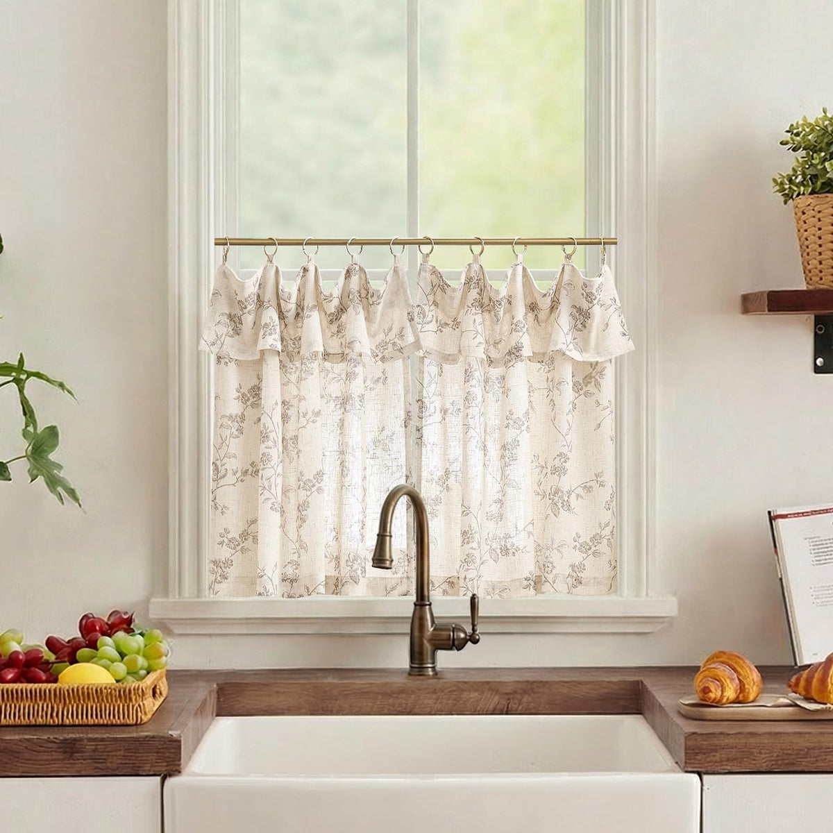 jinchan Floral Linen Kitchen Tier Curtains, 36 Inch, 2 Panels, Taupe