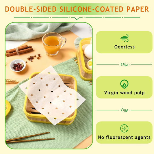 100 Pcs Steamer Liner, Perforated Disposable Steamer Paper, Food-Grade Non-Stick Parchment Liners for Steaming Buns, Dumplings Steamer Mats for Steam Pots (7.87"×11.8")