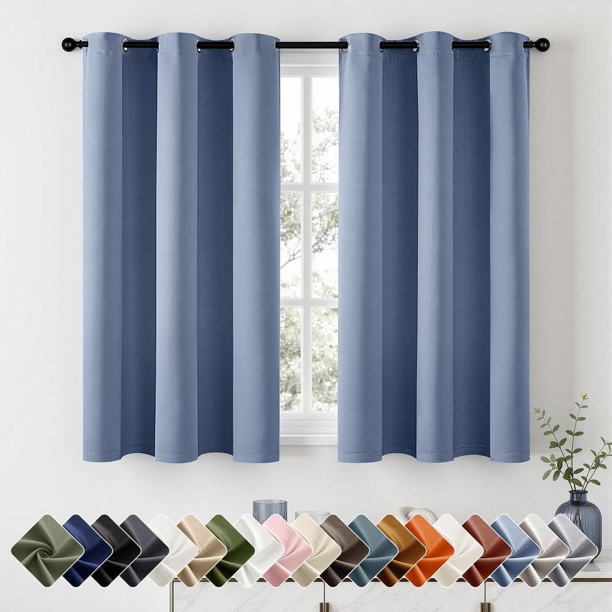 Short Navy Blue Blackout Kitchen Curtain W40 x L45 Inch 2 Panels