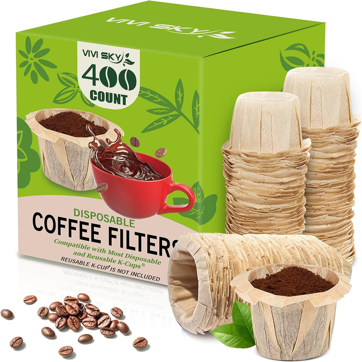 VIVI SKY Disposable K Cup Coffee Filters 400 Natural Paper Liners No Lids