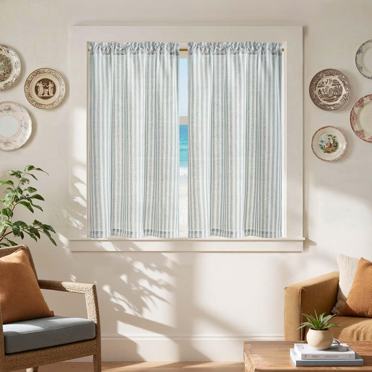 jinchan Striped Linen Kitchen Tier Curtains, 20 Inch, Tan, 2 Panels