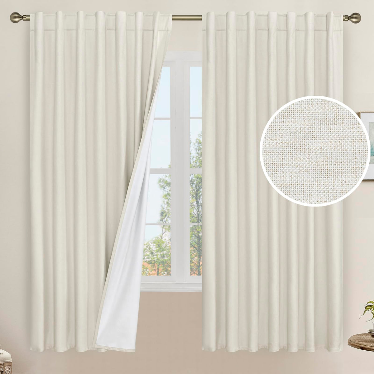 LAMIT Full Blackout Linen Kitchen Window Curtains 36 Inches Long, Ivory