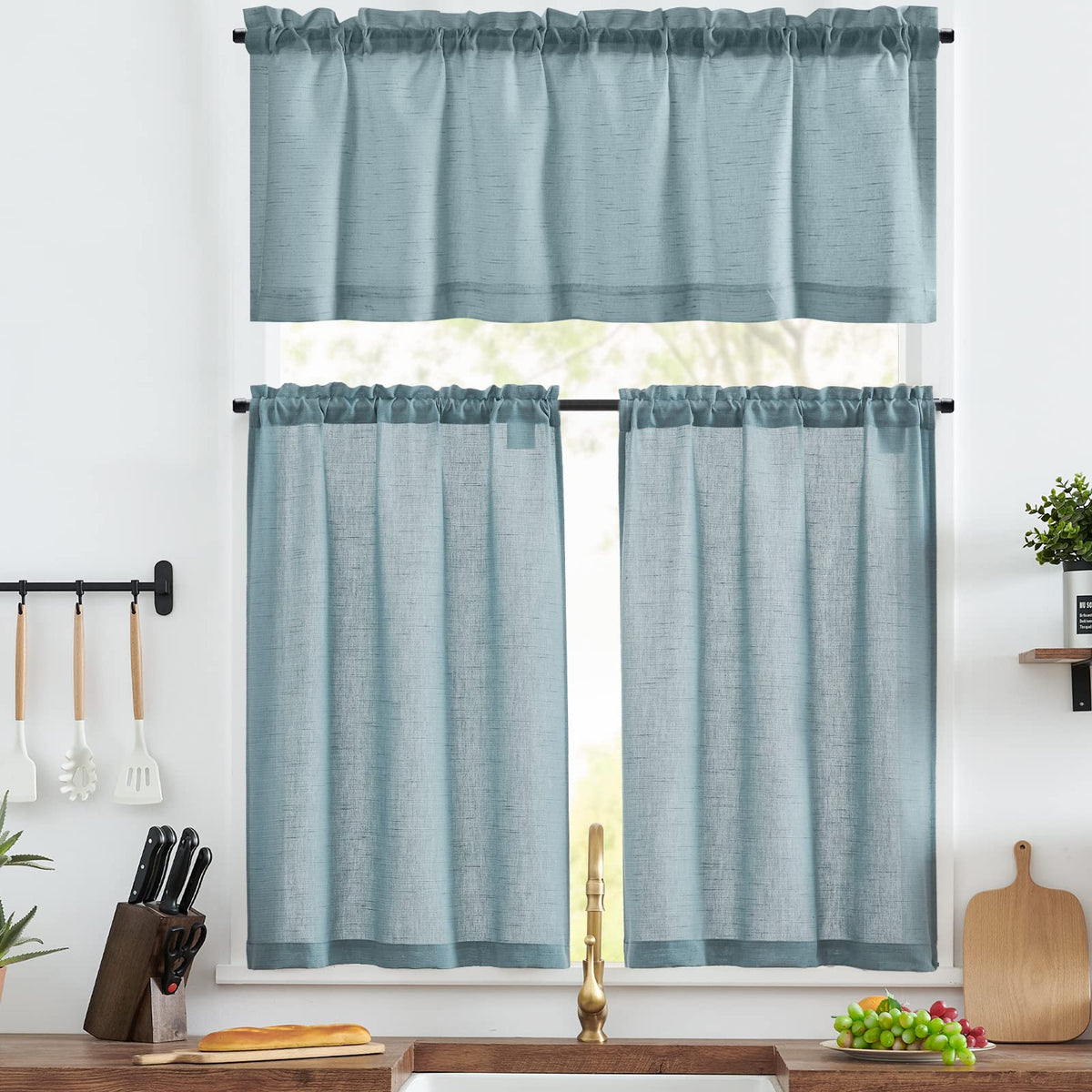 jinchan Linen Pinch Pleated Back Tab Tier Curtains, 26x36, Natural