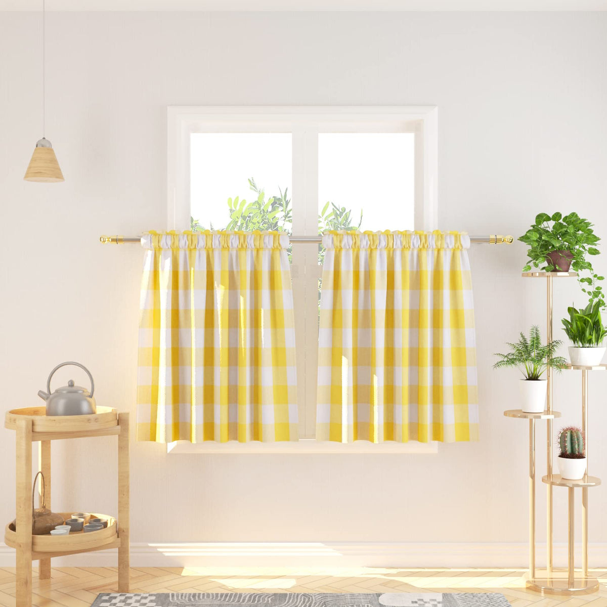 Buffalo Check Kitchen Tier Curtain 24 inches Long Plaid Gingham Rod Pocket Classic Cafe Curtains Country Farmhouse Kitchen Half Window Curtains 2 Panels Beige & White