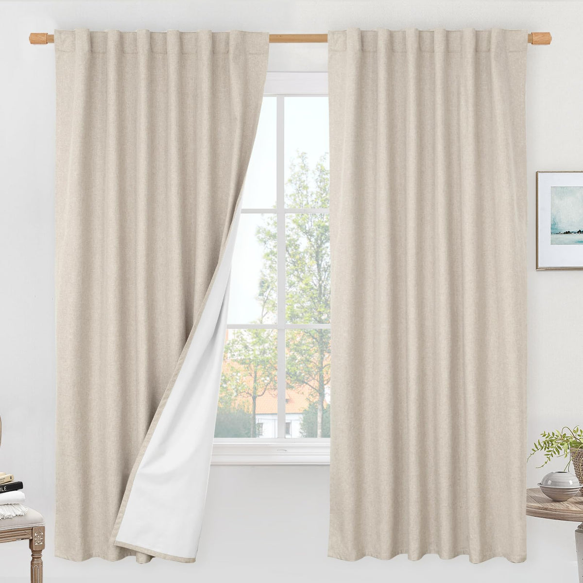 LAMIT Full Blackout Linen Kitchen Window Curtains 36 Inches Long, Ivory