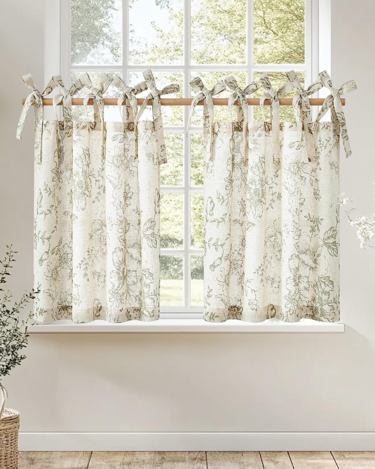 jinchan Solid Linen Kitchen Tier Curtains 24 Inches Tie Top 2 Panles Crude