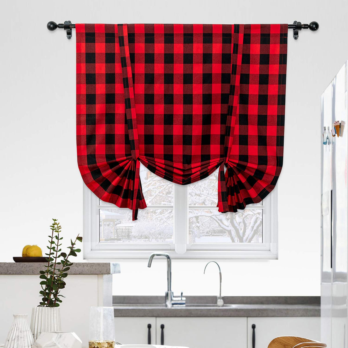 Buffalo Check Kitchen Tier Curtain 24 inches Long Plaid Gingham Rod Pocket Classic Cafe Curtains Country Farmhouse Kitchen Half Window Curtains 2 Panels Beige & White