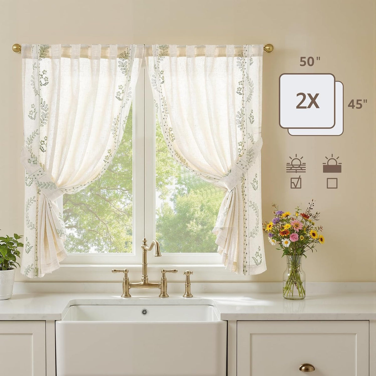 jinchan Green Floral Linen Kitchen Tier Curtains 50x45 Inch 2 Panels