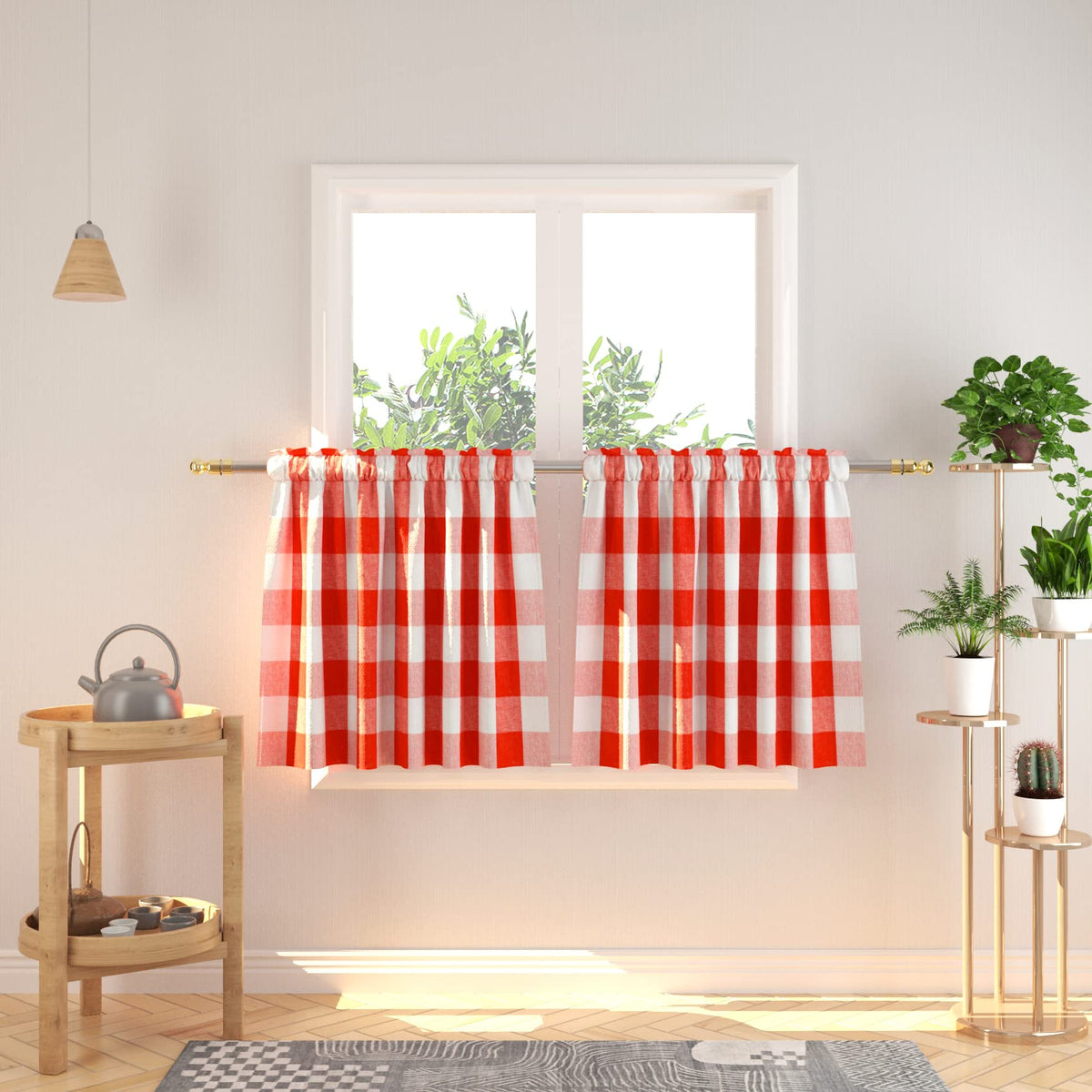 Buffalo Check Kitchen Tier Curtain 24 inches Long Plaid Gingham Rod Pocket Classic Cafe Curtains Country Farmhouse Kitchen Half Window Curtains 2 Panels Beige & White