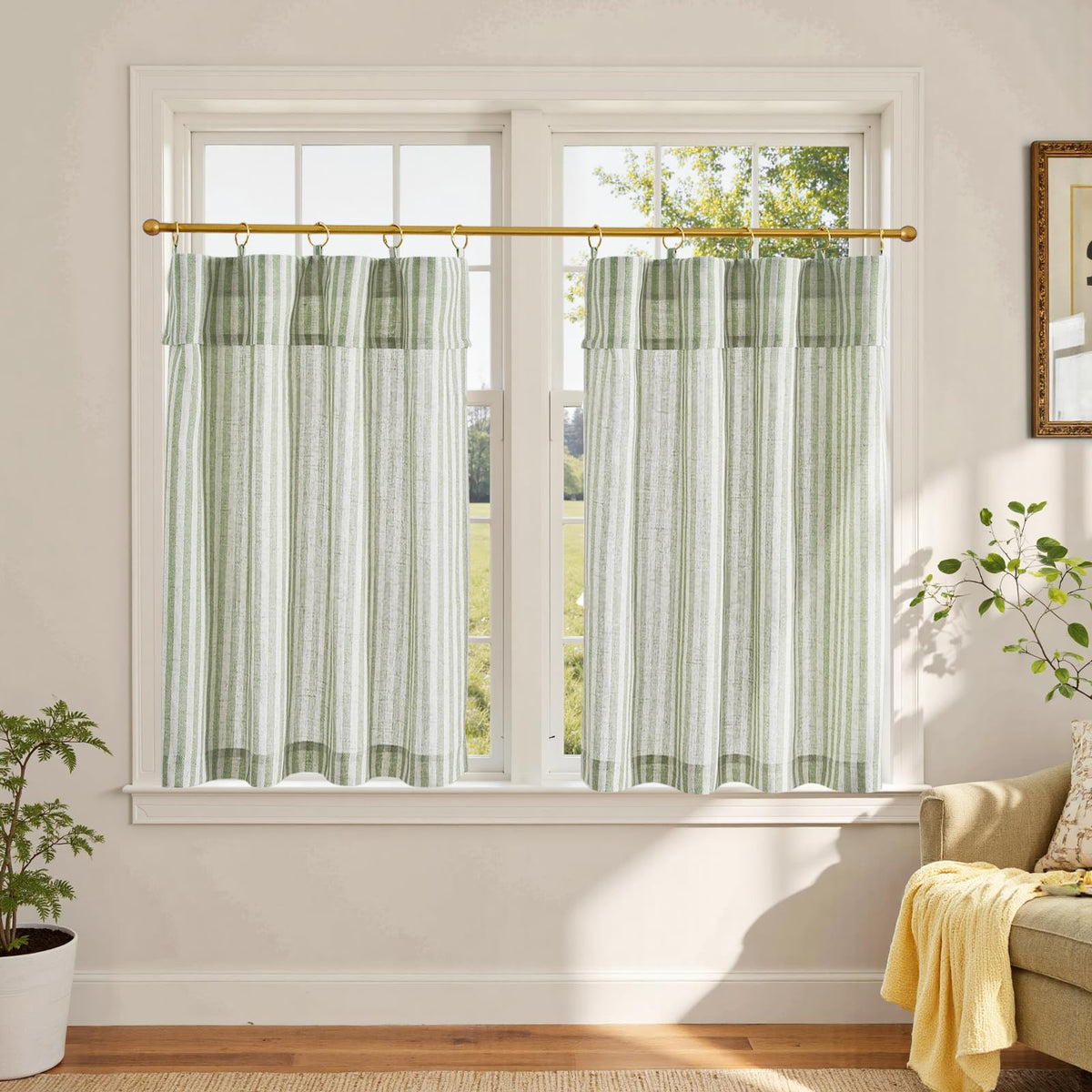 jinchan Striped Linen Kitchen Tier Curtains, 30 Inch, Sage Green, 2 Panels