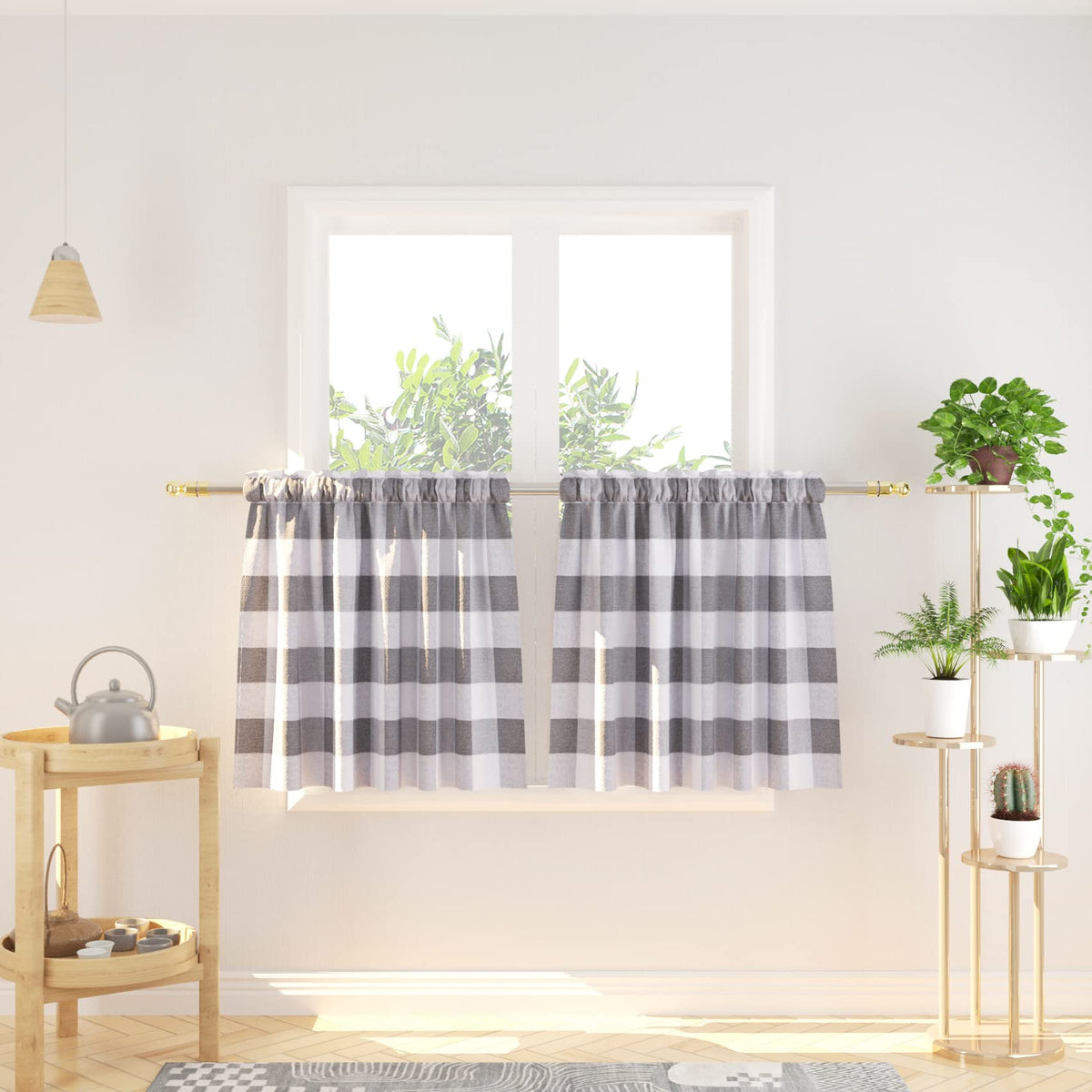 Buffalo Check Kitchen Tier Curtain 24 inches Long Plaid Gingham Rod Pocket Classic Cafe Curtains Country Farmhouse Kitchen Half Window Curtains 2 Panels Beige & White