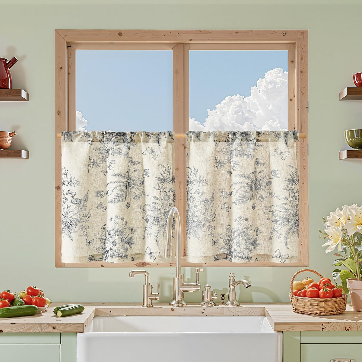 jinchan Floral Kitchen Tier Curtains 24 Inch 2 Panels Sage Green on Beige