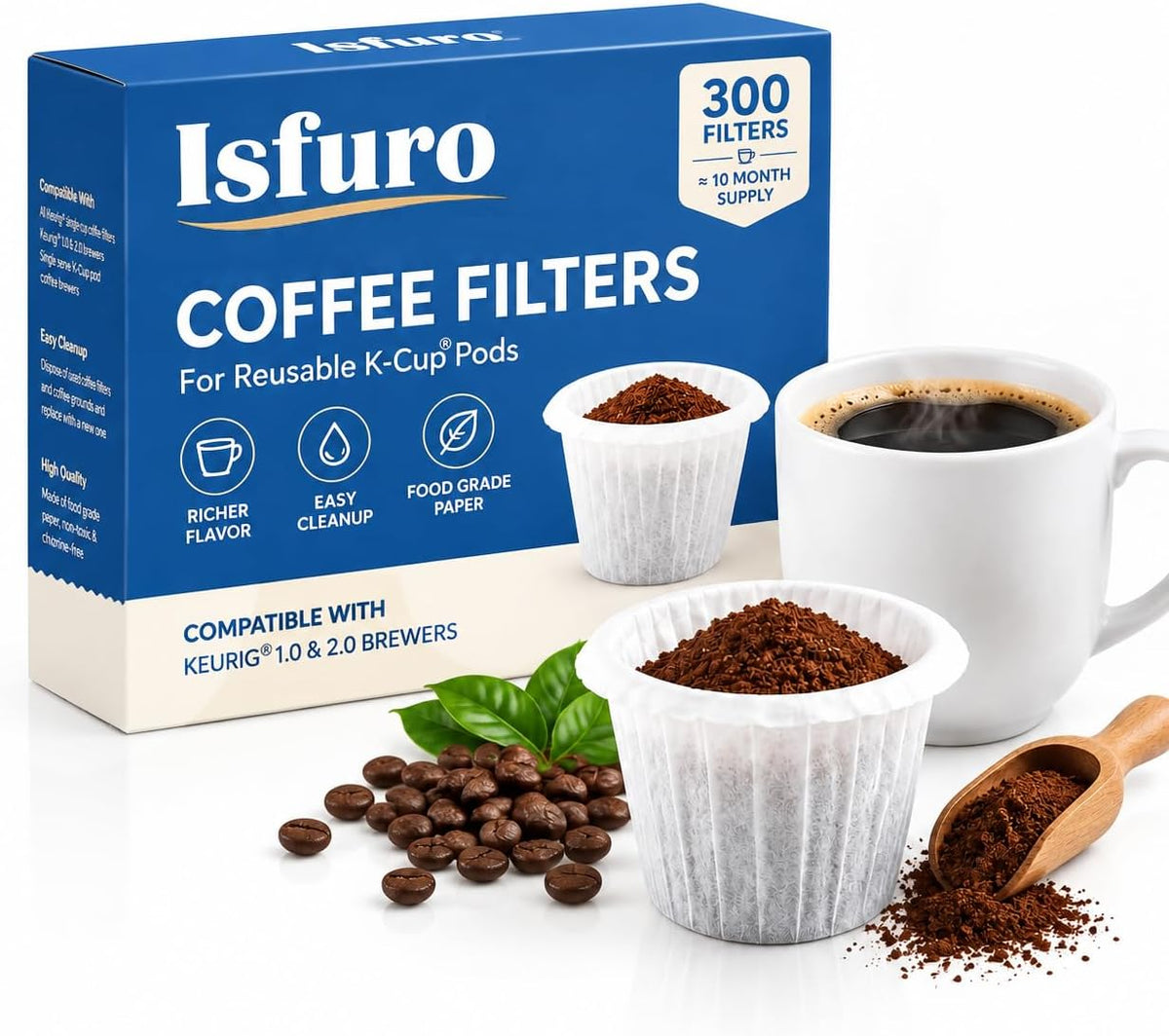 Disposable Coffee Filters for K Cup, 300 Count Single Serve Coffee Filters Compatible with Keurig 1.0 & 2.0 Reusable K Cups, Easy Cleanup Paper Filters for Coffee Pod Brewers