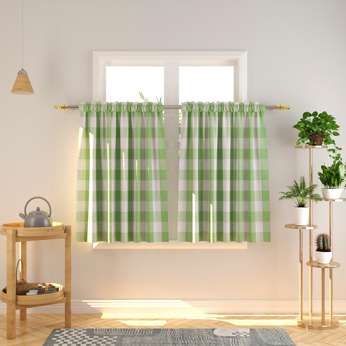 Buffalo Check Kitchen Tier Curtain 24 inches Long Plaid Gingham Rod Pocket Classic Cafe Curtains Country Farmhouse Kitchen Half Window Curtains 2 Panels Beige & White