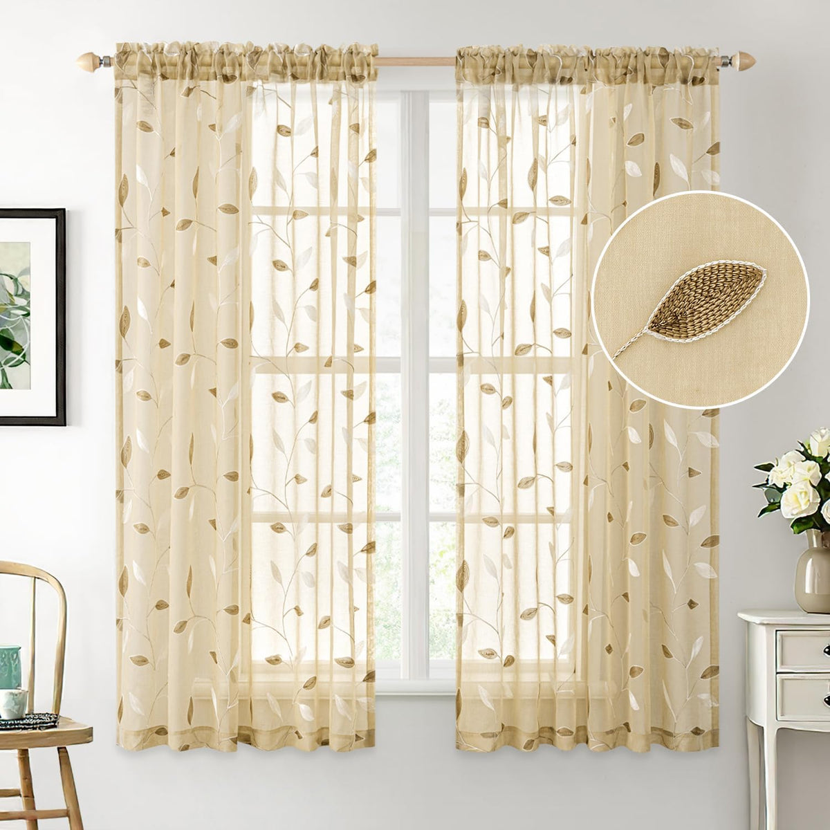 MIULEE Beige Sheer Curtains 2 Panels Embroidered Leaf Patterned, W52 x L63