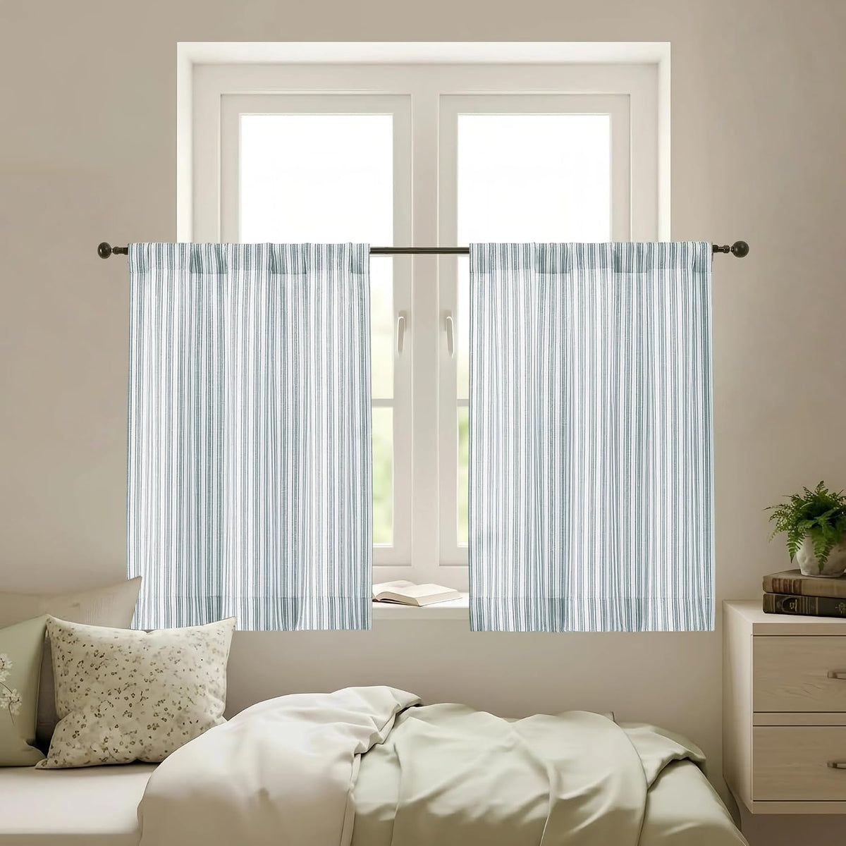 Chyhomenyc Striped Short Curtains 36 Inch Length - Light Filtering Faux Linen Living Room Tier Half Window Curtains, Farmhouse Modern Boho Curtain for Bathroom, 30Wx36L, 2 Pieces, Stone Blue