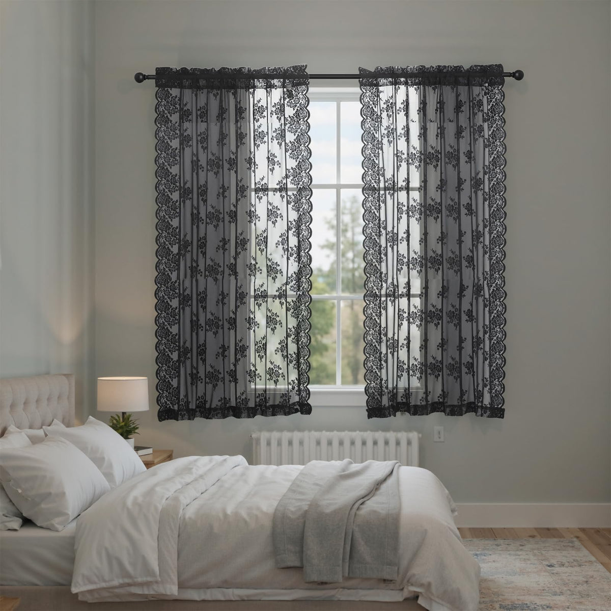 Kotile Short Beige Lace Curtains for Kitchen Windows W42xL45 Inch, 2 Panels