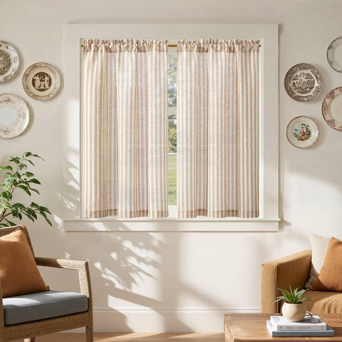 jinchan Striped Linen Kitchen Tier Curtains, 20 Inch, Tan, 2 Panels