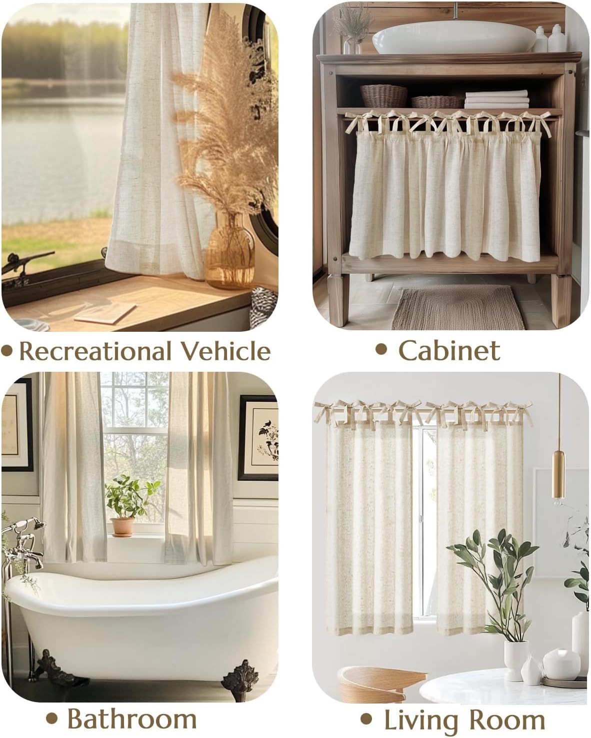 jinchan Solid Linen Kitchen Tier Curtains 24 Inches Tie Top 2 Panles Crude