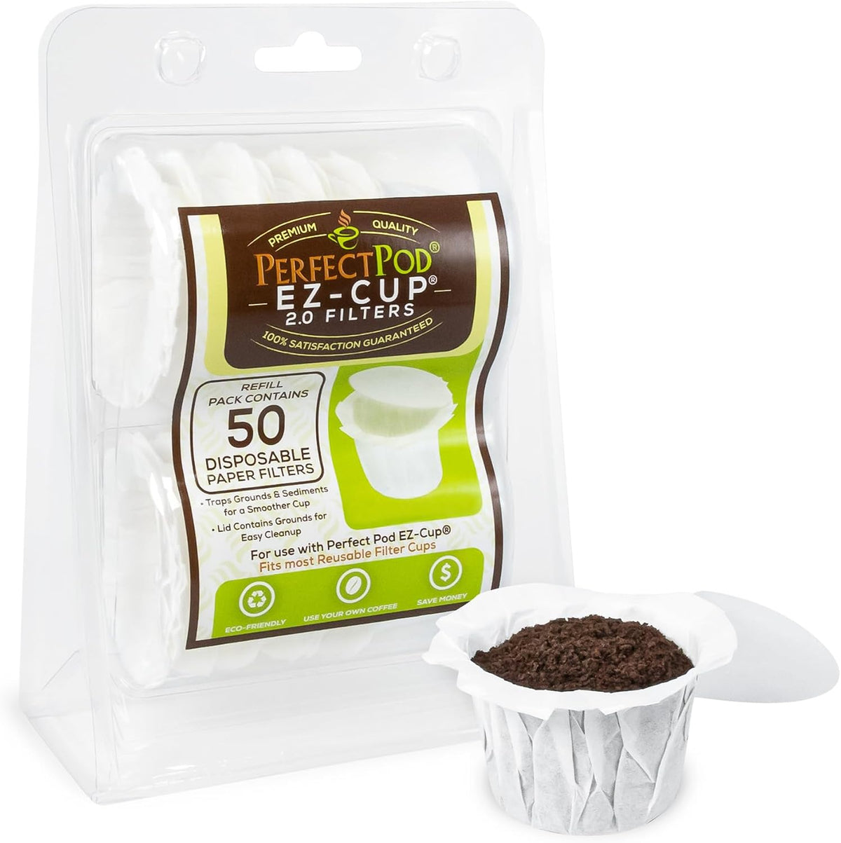 Perfect Pod EZ-Cup Paper Filters with Lid for Reusable Coffee Pods, 200 Ct