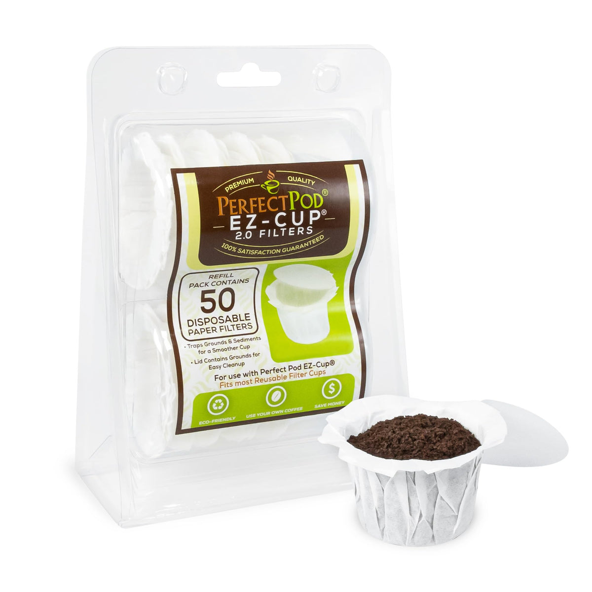 Perfect Pod EZ-Cup Paper Filters with Lid for Reusable Coffee Pods, 300 Ct