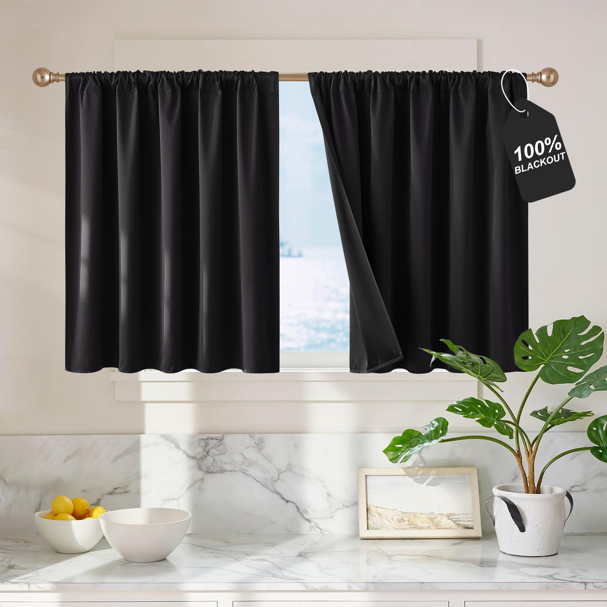 NICETOWN 100% Black Out Kitchen Curtains 36 Inch Length, W52xL36, 2 Panels