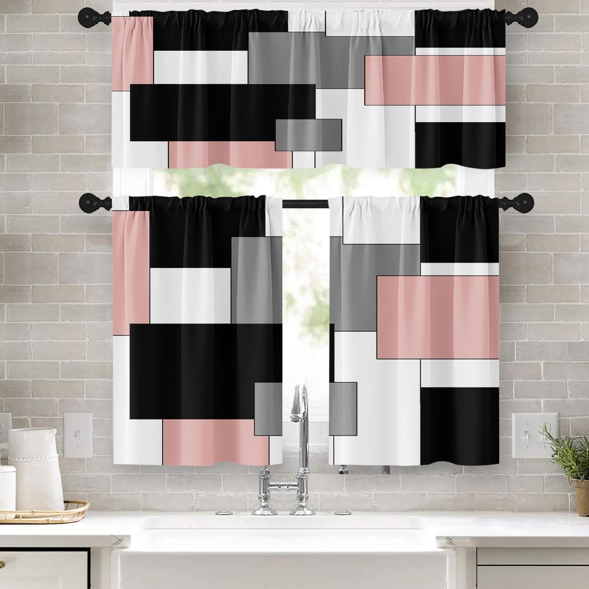 Kitchen Curtains Sets for Windows 52x36 Inch 3 Pack, Geometric