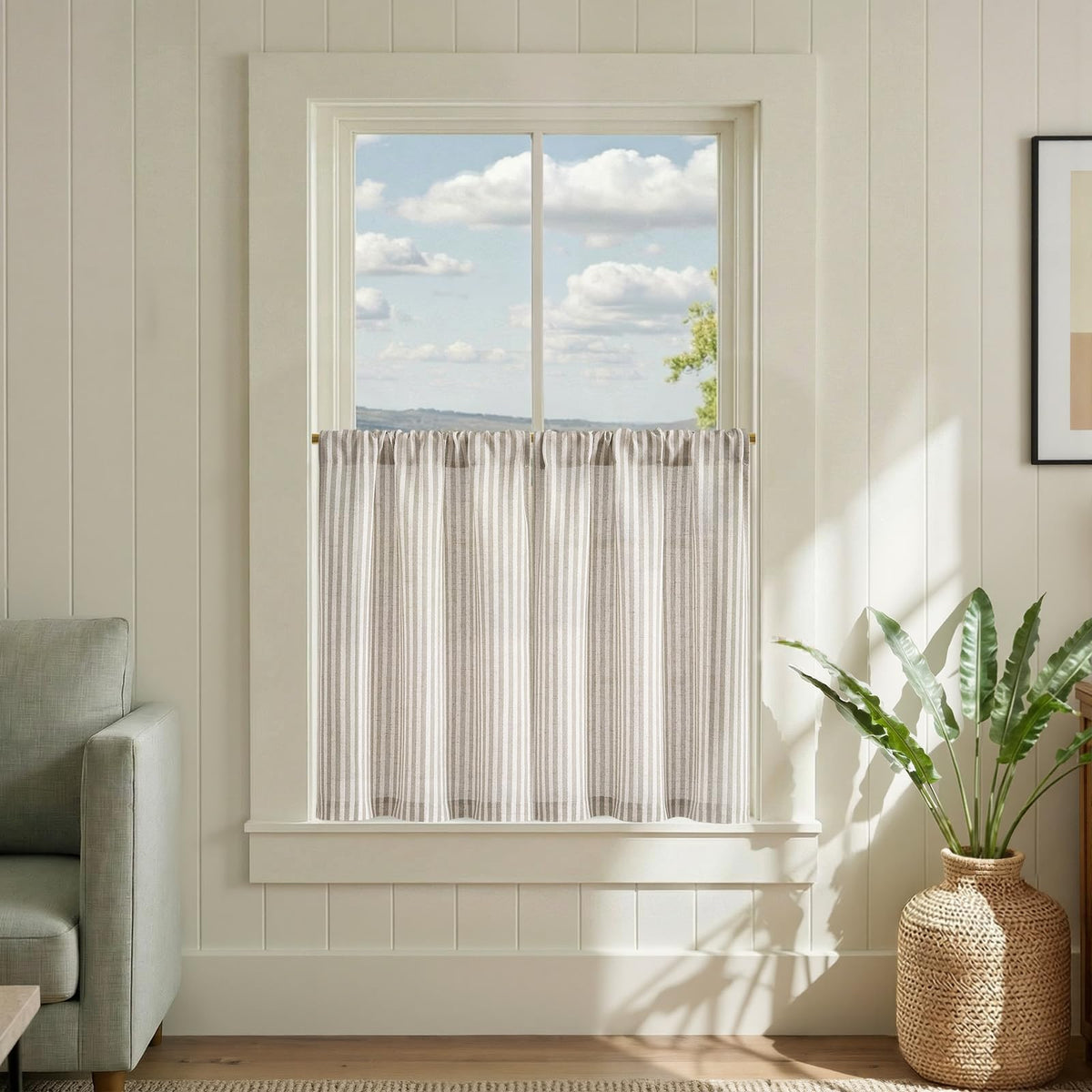 jinchan Striped Linen Kitchen Tier Curtains, 30 Inch, Sage Green, 2 Panels