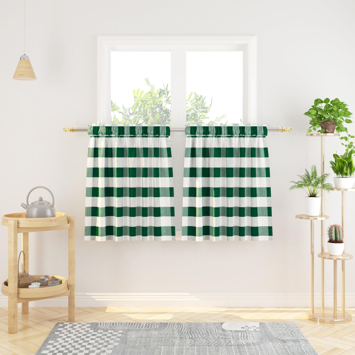 Buffalo Check Kitchen Tier Curtain 24 inches Long Plaid Gingham Rod Pocket Classic Cafe Curtains Country Farmhouse Kitchen Half Window Curtains 2 Panels Beige & White