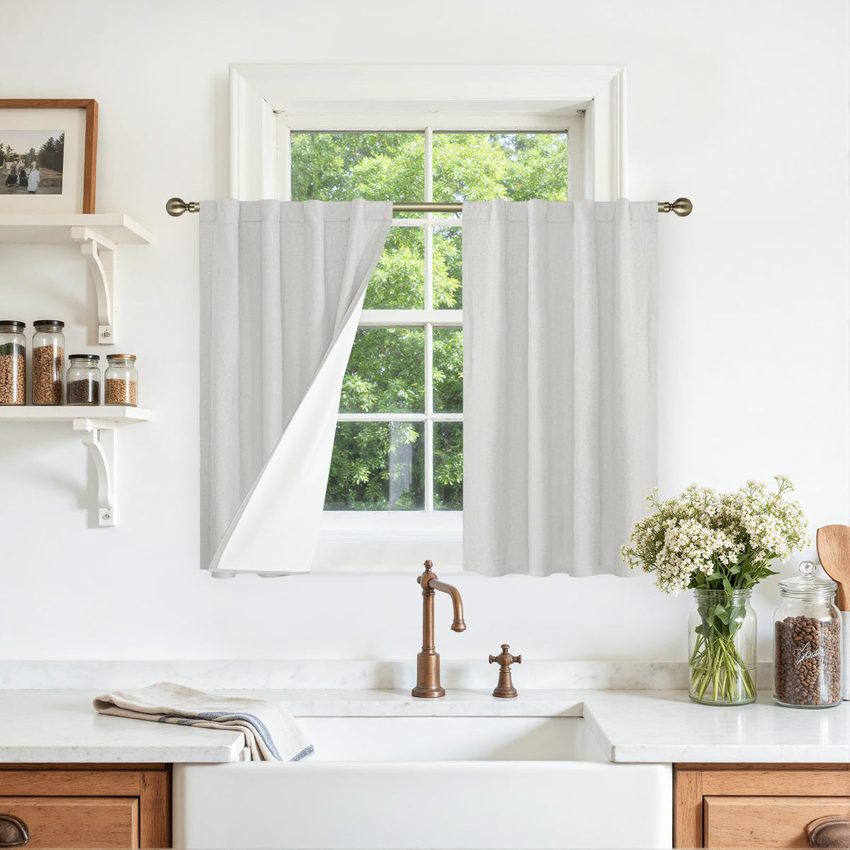 LAMIT Full Blackout Linen Kitchen Window Curtains 36 Inches Long, Ivory