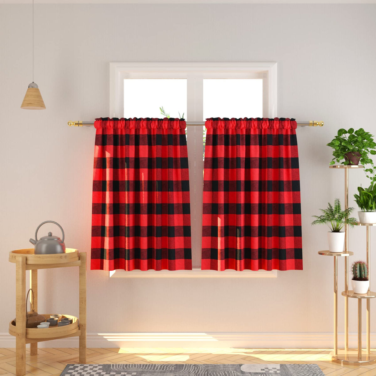 Buffalo Check Kitchen Tier Curtain 24 inches Long Plaid Gingham Rod Pocket Classic Cafe Curtains Country Farmhouse Kitchen Half Window Curtains 2 Panels Beige & White