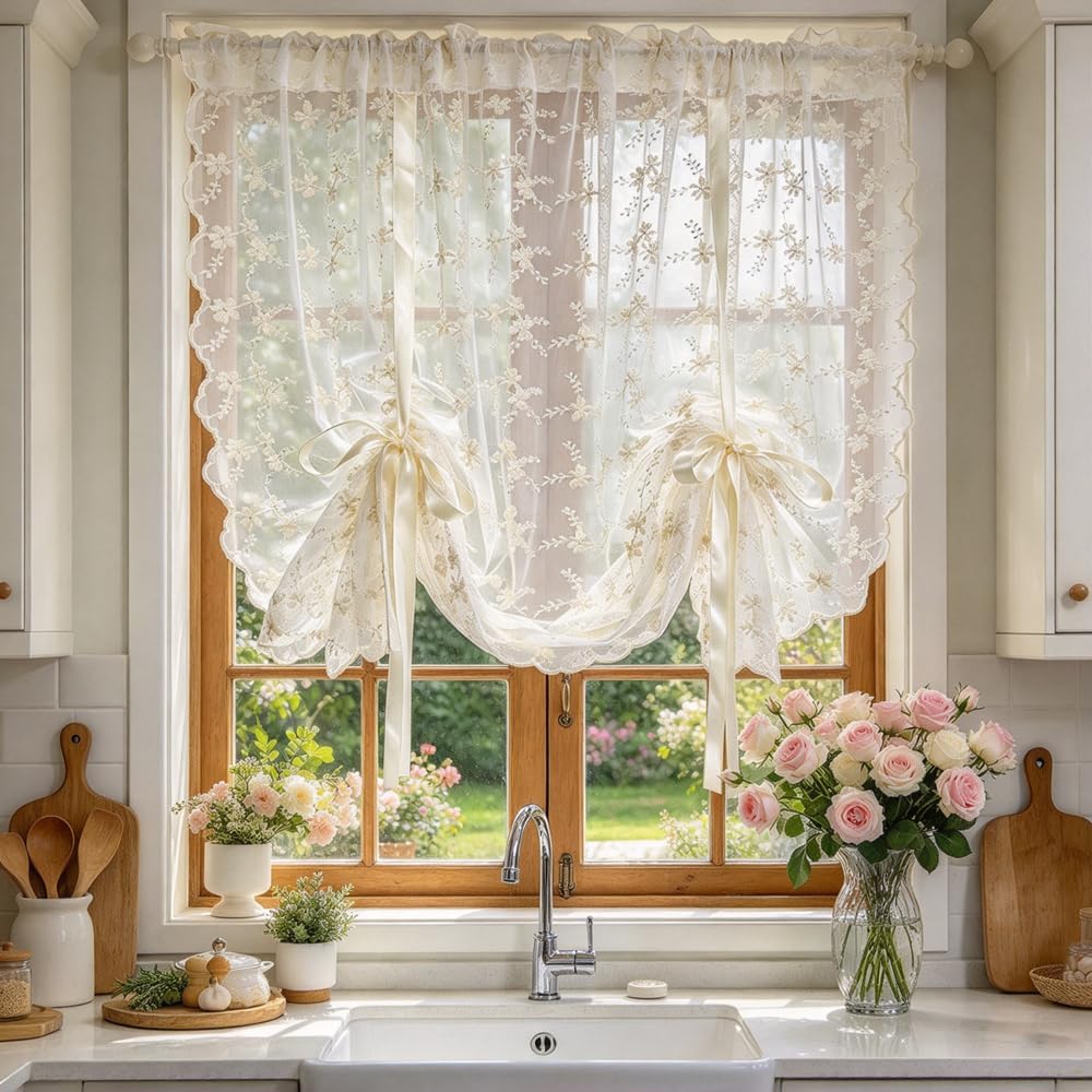 Beige Romantic Little Floral Woven Lace Tie Up Balloon Curtain for Kitchen