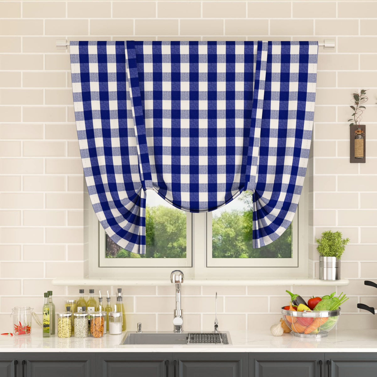 Buffalo Check Kitchen Tier Curtain 24 inches Long Plaid Gingham Rod Pocket Classic Cafe Curtains Country Farmhouse Kitchen Half Window Curtains 2 Panels Beige & White