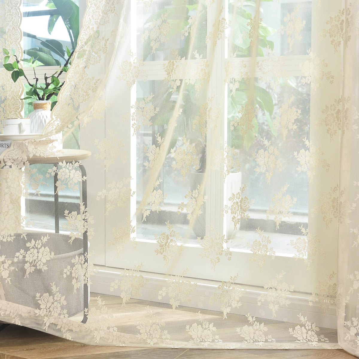 Kotile Short Beige Lace Curtains for Kitchen Windows W42xL45 Inch, 2 Panels