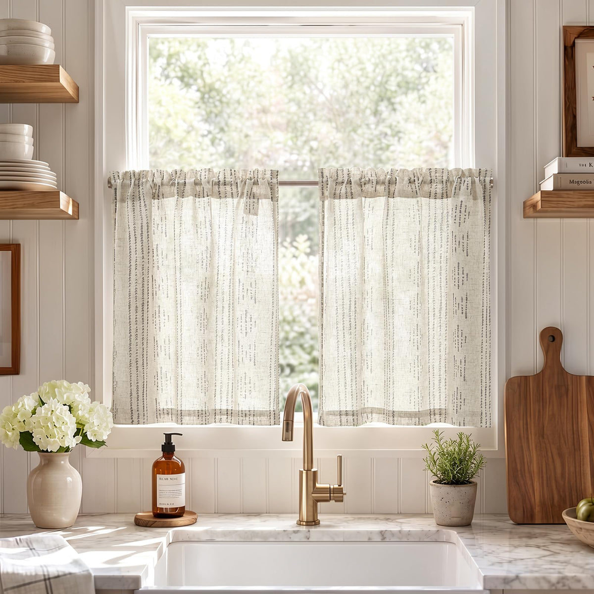 jinchan Linen Striped Tier Curtains for Kitchen Windows Farmhouse